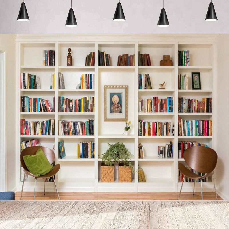 Home Office Zoom Background - White Bookshelf Photography Backdrop Bookcase Banner